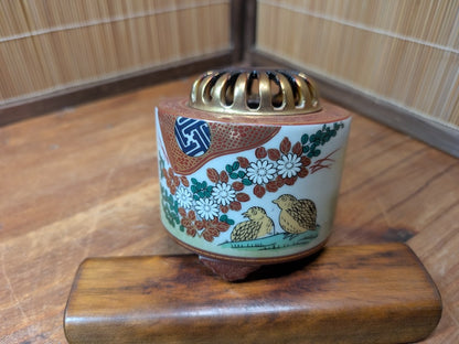 Antique Japanese Kutani Ware Incense Burner Meiji Bird Floral Decor