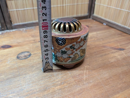 Antique Japanese Kutani Ware Incense Burner Meiji Bird Floral Decor