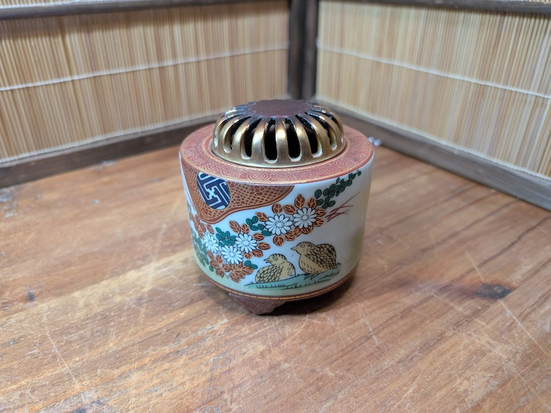 Antique Japanese Kutani Ware Incense Burner Meiji Bird Floral Decor