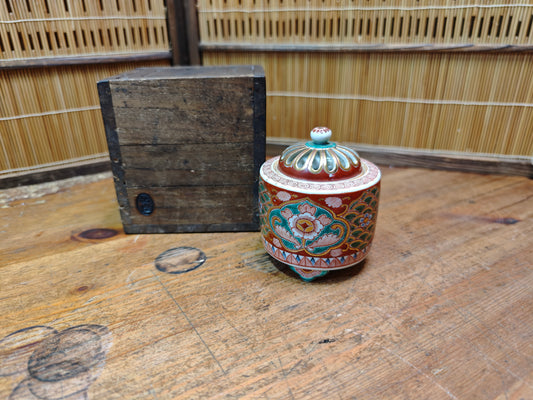 Rare Japanese Antique Kutani Ware Koro Incense Burner with Wooden Box