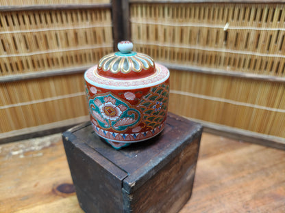 Rare Japanese Antique Kutani Ware Koro Incense Burner with Wooden Box