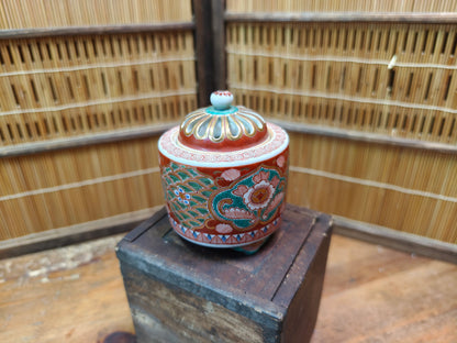 Rare Japanese Antique Kutani Ware Koro Incense Burner with Wooden Box