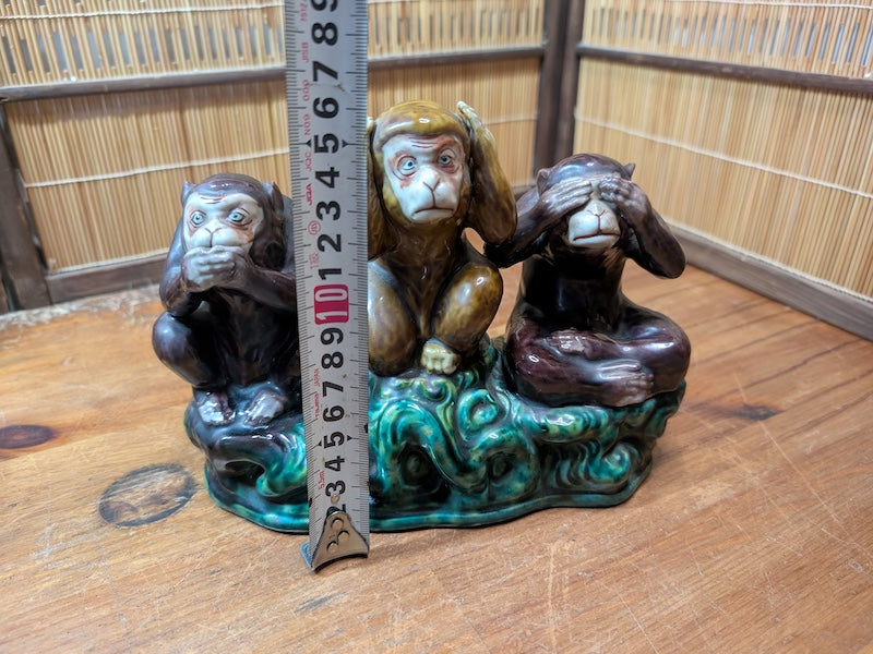 Antique Kutani Three Wise Monkeys Statue 1900s Japanese Ceramic Art