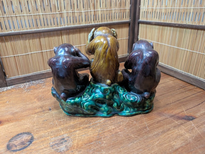 Antique Kutani Three Wise Monkeys Statue 1900s Japanese Ceramic Art