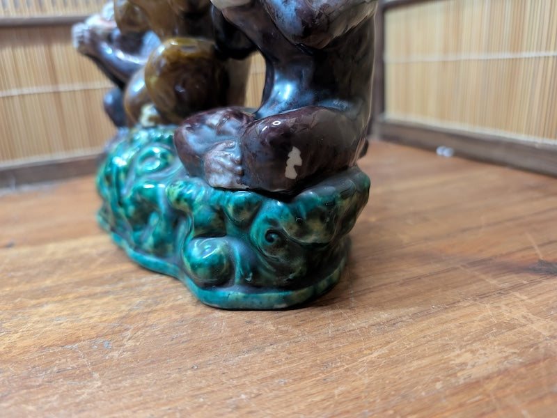 Antique Kutani Three Wise Monkeys Statue 1900s Japanese Ceramic Art