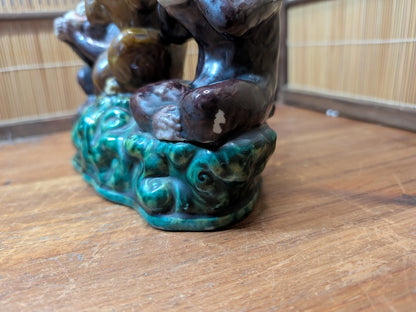 Antique Kutani Three Wise Monkeys Statue 1900s Japanese Ceramic Art