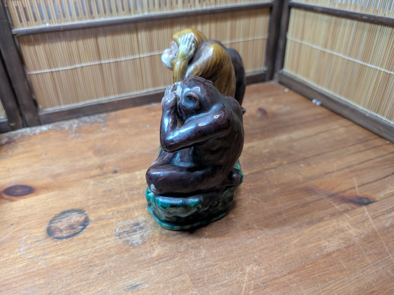 Antique Kutani Three Wise Monkeys Statue 1900s Japanese Ceramic Art