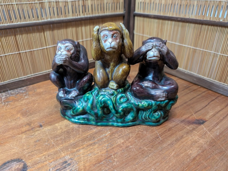 Antique Kutani Three Wise Monkeys Statue 1900s Japanese Ceramic Art