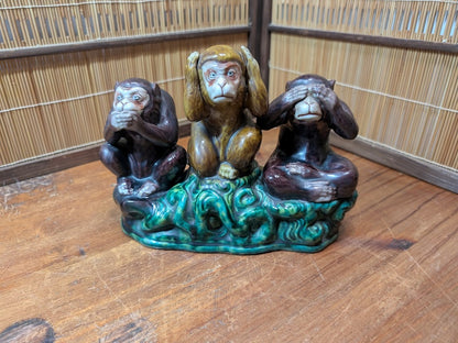 Antique Kutani Three Wise Monkeys Statue 1900s Japanese Ceramic Art