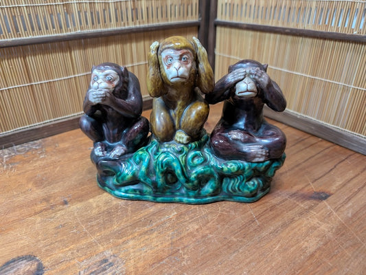 Antique Kutani Three Wise Monkeys Statue 1900s Japanese Ceramic Art