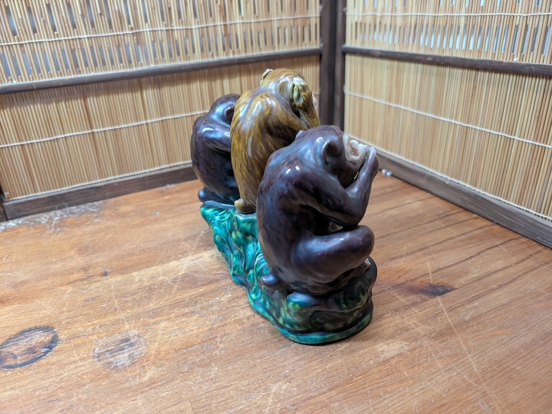 Antique Kutani Three Wise Monkeys Statue 1900s Japanese Ceramic Art