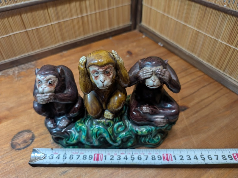 Antique Kutani Three Wise Monkeys Statue 1900s Japanese Ceramic Art