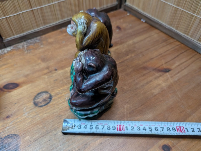 Antique Kutani Three Wise Monkeys Statue 1900s Japanese Ceramic Art