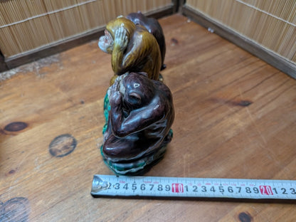 Antique Kutani Three Wise Monkeys Statue 1900s Japanese Ceramic Art