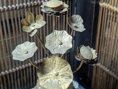 Vintage Japanese Bizen Yaki Vase with 1930s Brass Ikebana Flower Arrangement