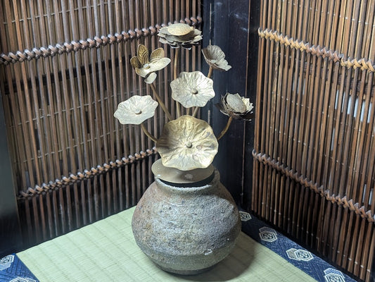 Vintage Japanese Bizen Yaki Vase with 1930s Brass Ikebana Flower Arrangement