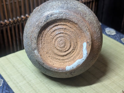 Vintage Japanese Bizen Yaki Vase with 1930s Brass Ikebana Flower Arrangement