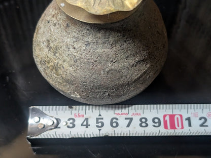Vintage Japanese Bizen Yaki Vase with 1930s Brass Ikebana Flower Arrangement