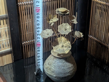 Vintage Japanese Bizen Yaki Vase with 1930s Brass Ikebana Flower Arrangement