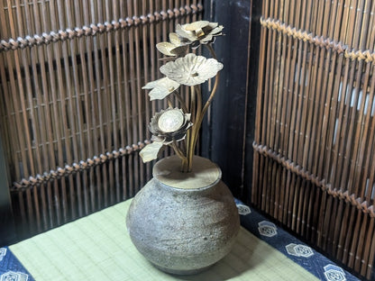 Vintage Japanese Bizen Yaki Vase with 1930s Brass Ikebana Flower Arrangement