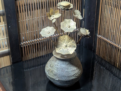 Vintage Japanese Bizen Yaki Vase with 1930s Brass Ikebana Flower Arrangement