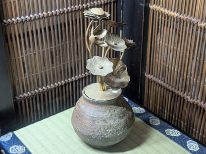 Vintage Japanese Bizen Yaki Vase with 1930s Brass Ikebana Flower Arrangement
