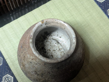 Vintage Japanese Bizen Yaki Vase with 1930s Brass Ikebana Flower Arrangement