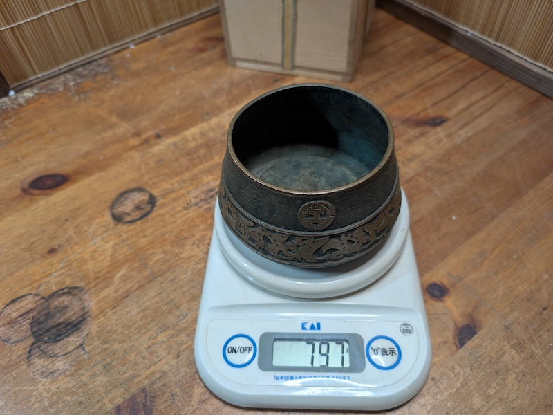 Japanese Bronze Incense Burner Temple Offering Bowl with Crest & Waves Meiji–Showa Era
