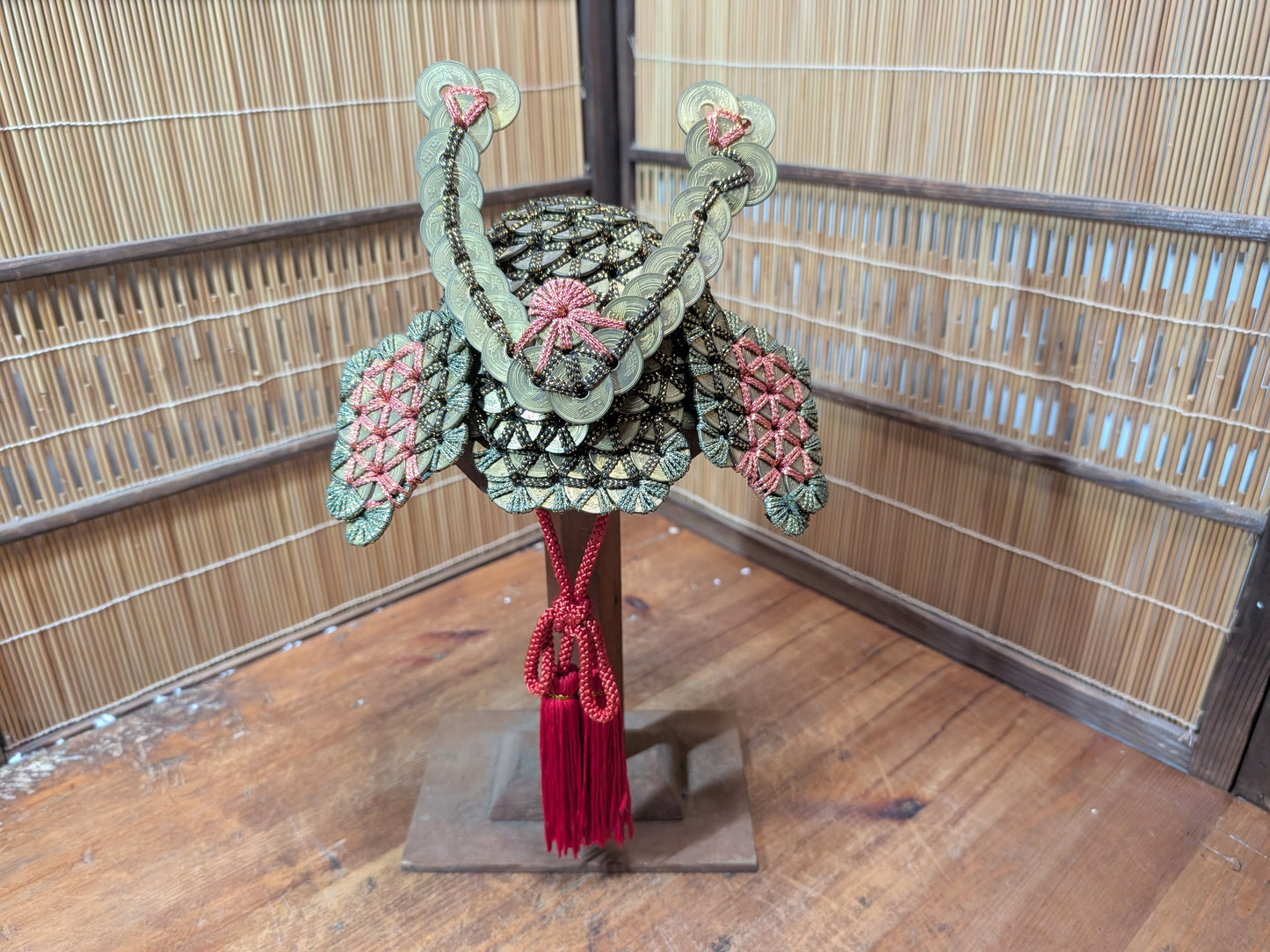 Rare Japanese Coin Kabuto Helmet Samurai Display on Wooden Stand