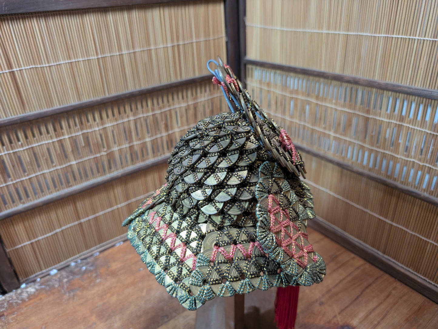 Rare Japanese Coin Kabuto Helmet Samurai Display on Wooden Stand