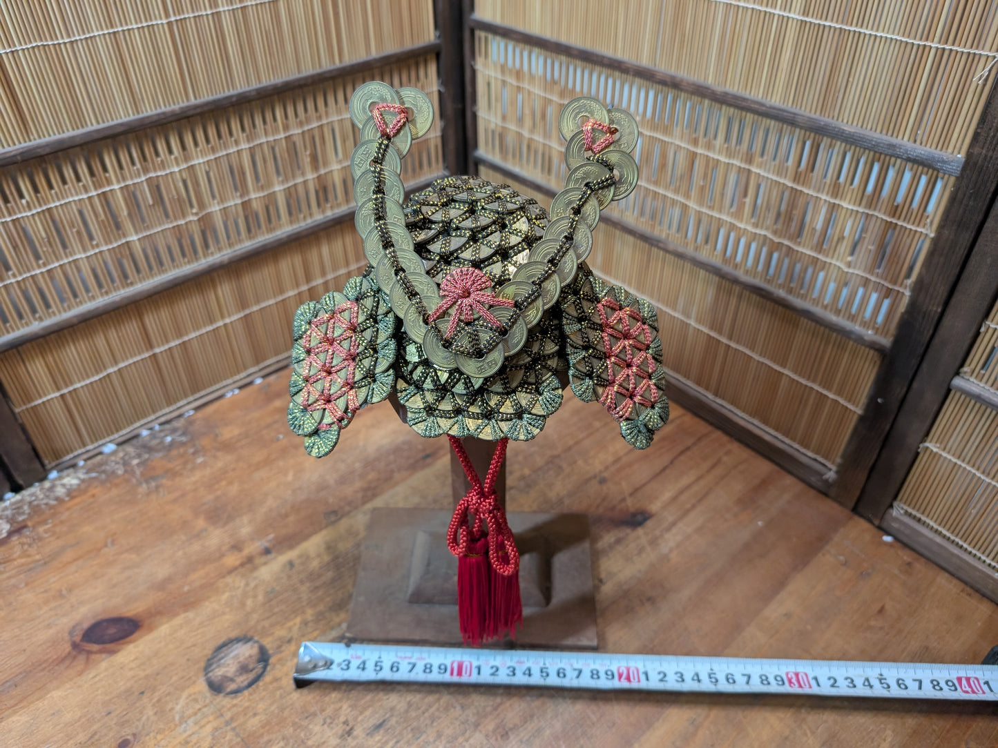 Rare Japanese Coin Kabuto Helmet Samurai Display on Wooden Stand