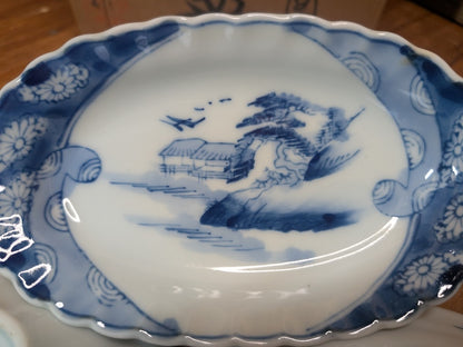 Extremely Rare Meiji Era Japanese Ceramic Plate Set Blue White Antique