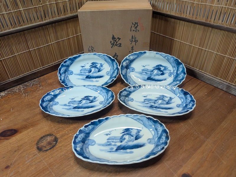 Extremely Rare Meiji Era Japanese Ceramic Plate Set Blue White Antique