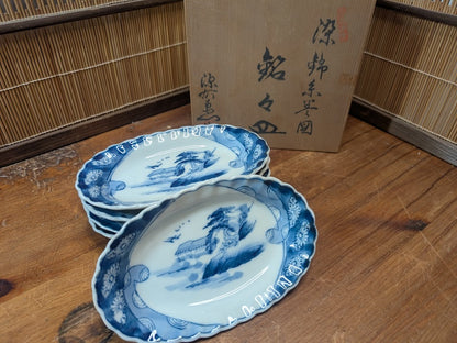 Extremely Rare Meiji Era Japanese Ceramic Plate Set Blue White Antique