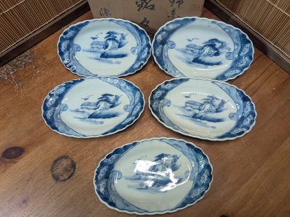 Extremely Rare Meiji Era Japanese Ceramic Plate Set Blue White Antique