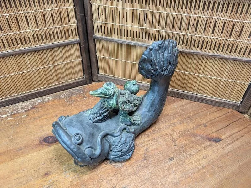 Rare Japanese Namazu & Kappa Figurine Big Pottery Sculpture Auction Japan