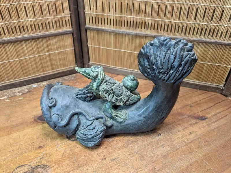 Rare Japanese Namazu & Kappa Figurine Big Pottery Sculpture Auction Japan