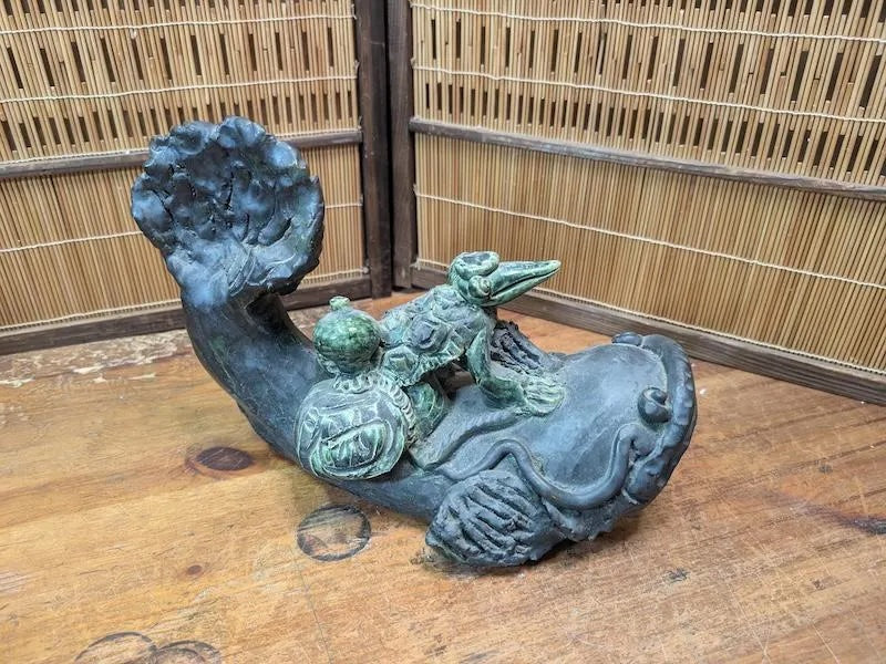 Rare Japanese Namazu & Kappa Figurine Big Pottery Sculpture Auction Japan