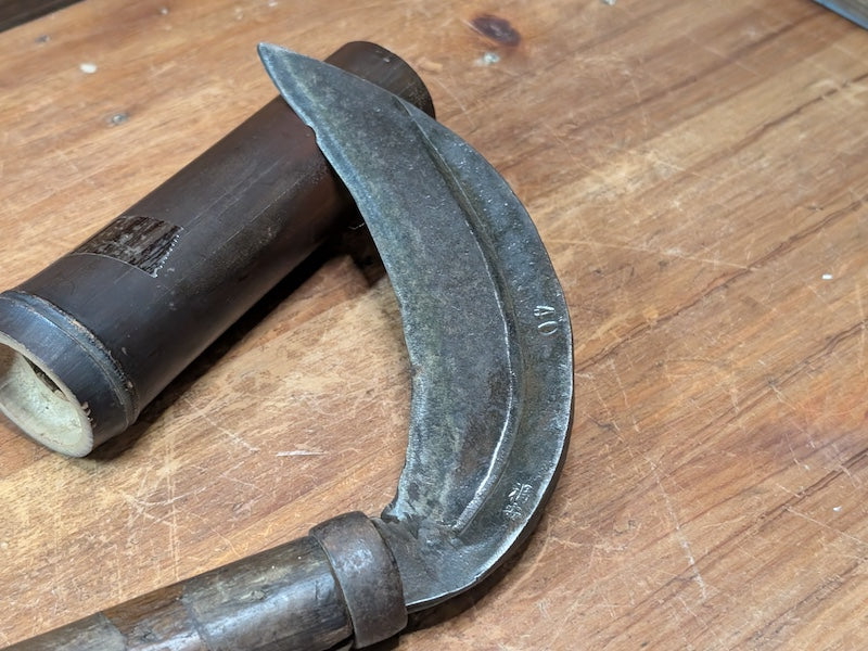 Japanese Signed Kama Sickle Antique Hand Forged Farm Tool by Fukuyasu