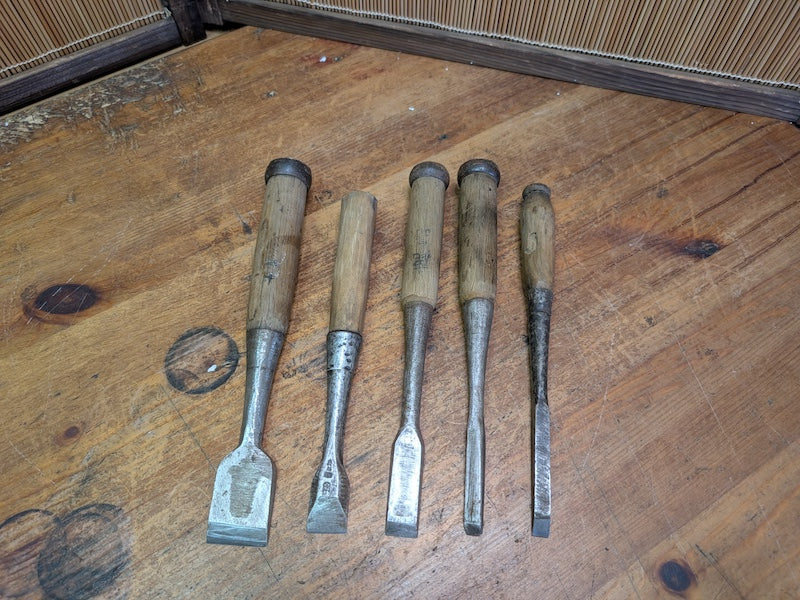 Rare 1960s Japanese Signed Steel Chisels Set Signed Woodworking Tools