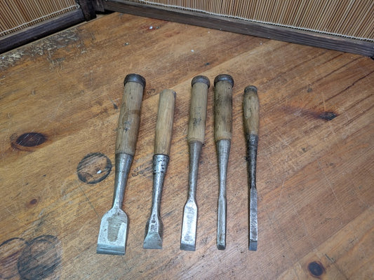 Rare 1960s Japanese Signed Steel Chisels Set Signed Woodworking Tools