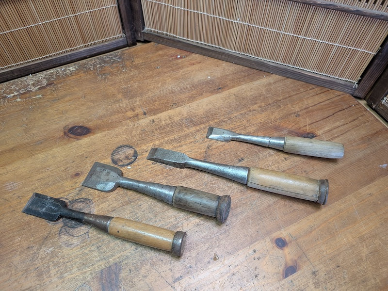 Rare 1960s Japanese Steel Chisels Set of 4 Signed Woodworking Tools