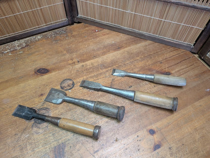 Rare 1960s Japanese Steel Chisels Set of 4 Signed Woodworking Tools