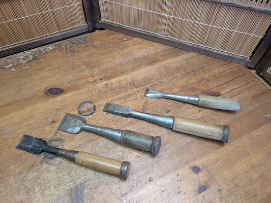 Rare 1960s Japanese Steel Chisels Set of 4 Signed Woodworking Tools