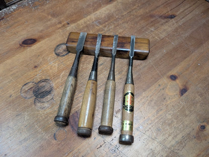 1960s Japanese Signed Wood Carving Chisels Set of 4 Steel Tools Vintage