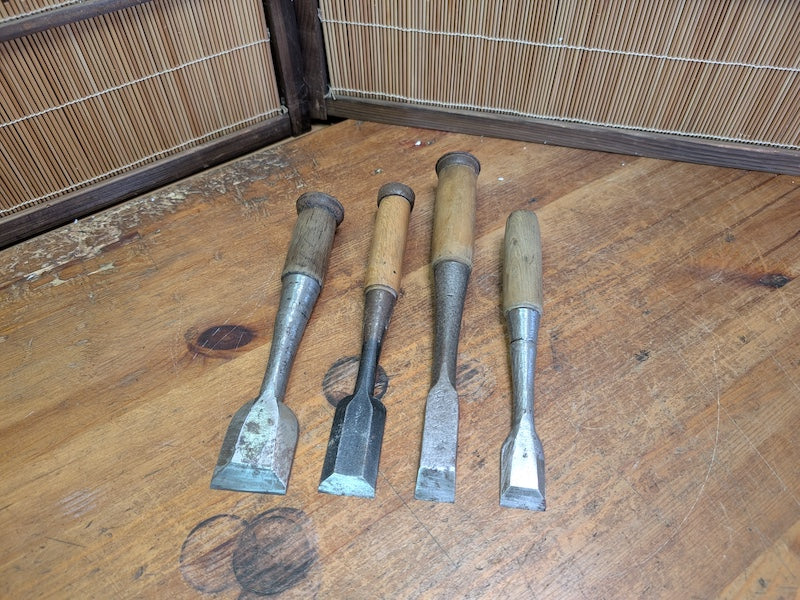 Rare 1960s Japanese Steel Chisels Set of 4 Signed Woodworking Tools