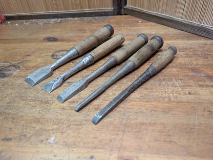 Rare 1960s Japanese Signed Steel Chisels Set Signed Woodworking Tools