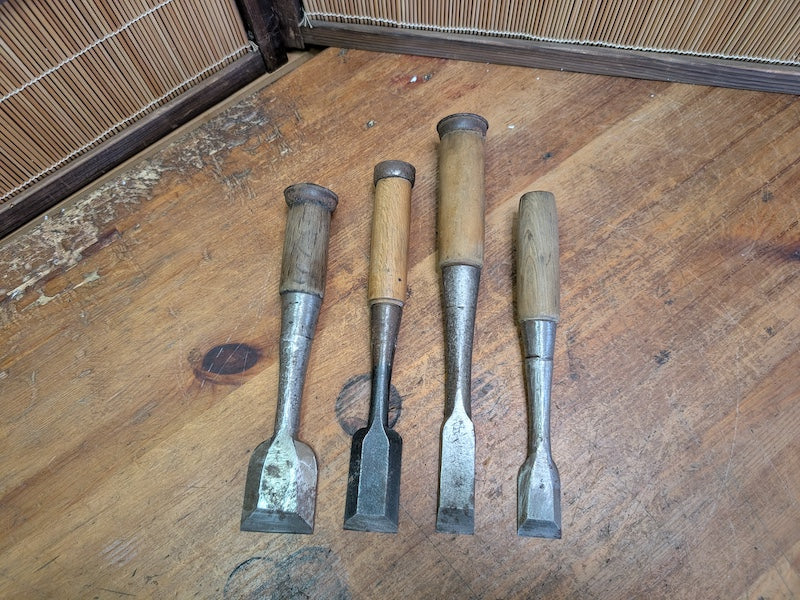 Rare 1960s Japanese Steel Chisels Set of 4 Signed Woodworking Tools