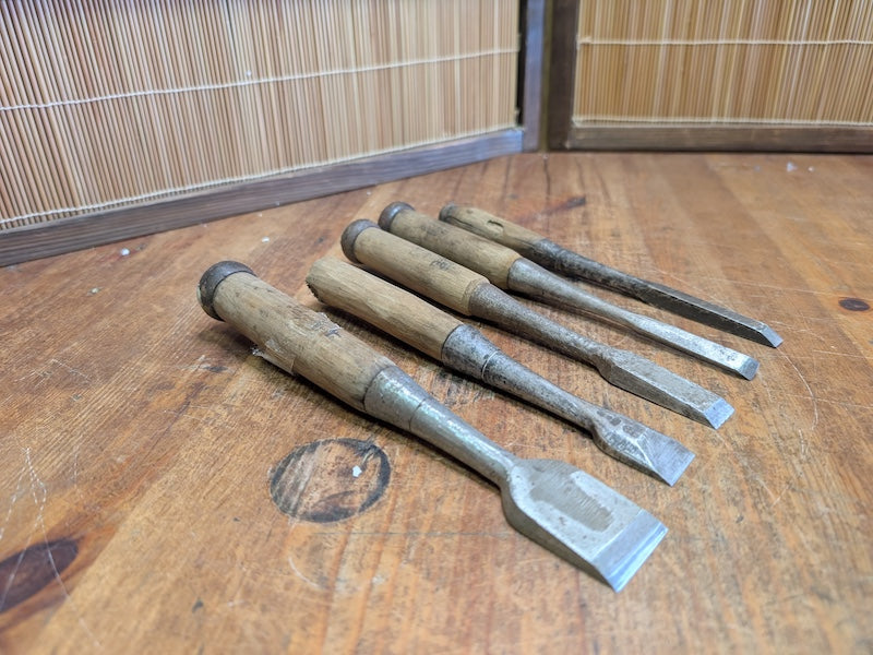 Rare 1960s Japanese Signed Steel Chisels Set Signed Woodworking Tools
