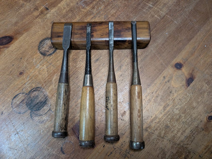 1960s Japanese Signed Wood Carving Chisels Set of 4 Steel Tools Vintage